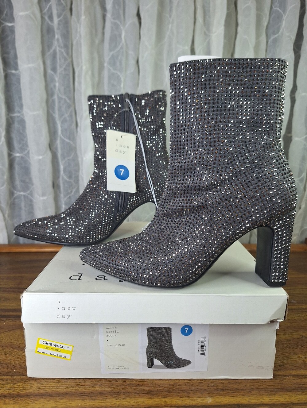 A New Day Gloria Silver Rhinestone Pointed Toe Block Heel Ankle Boots 7 Women's